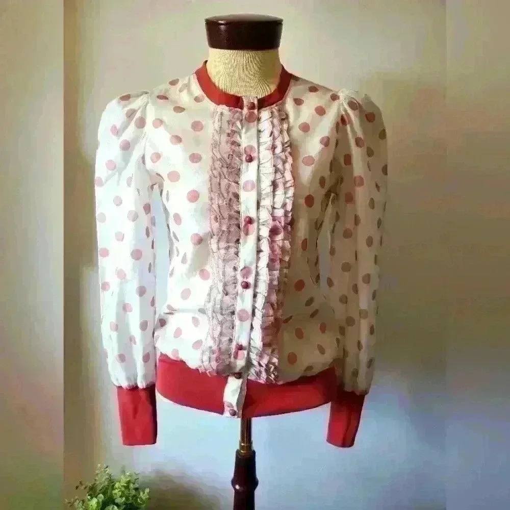 TALIS large polka dot blouse with ribbed cuffs and ruffles. NEW WITH TAGS. small